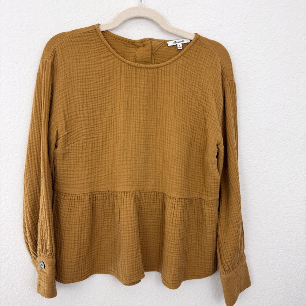 Madewell Womens Lightspun Button Back Peplum Top Size M Cotton Fall Compass Gold